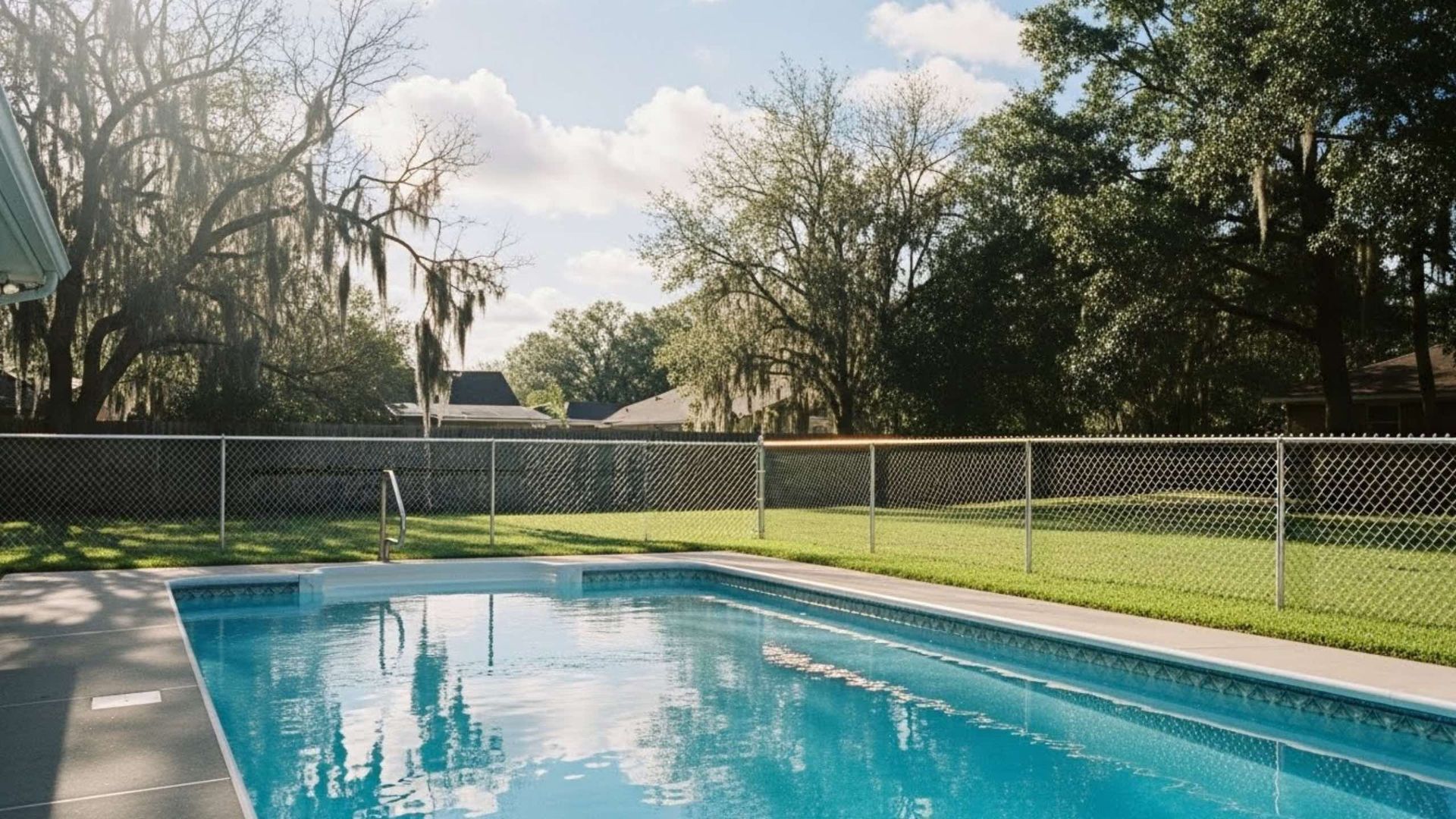 Swimming pool in a backyard with a chain-link fence, surrounded by green grass and trees.