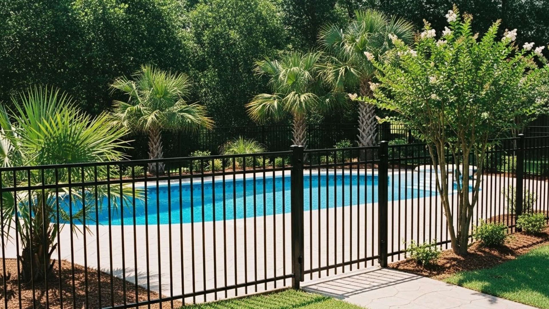 A blue swimming pool surrounded by a black metal fence, palm trees, and greenery on a sunny day.