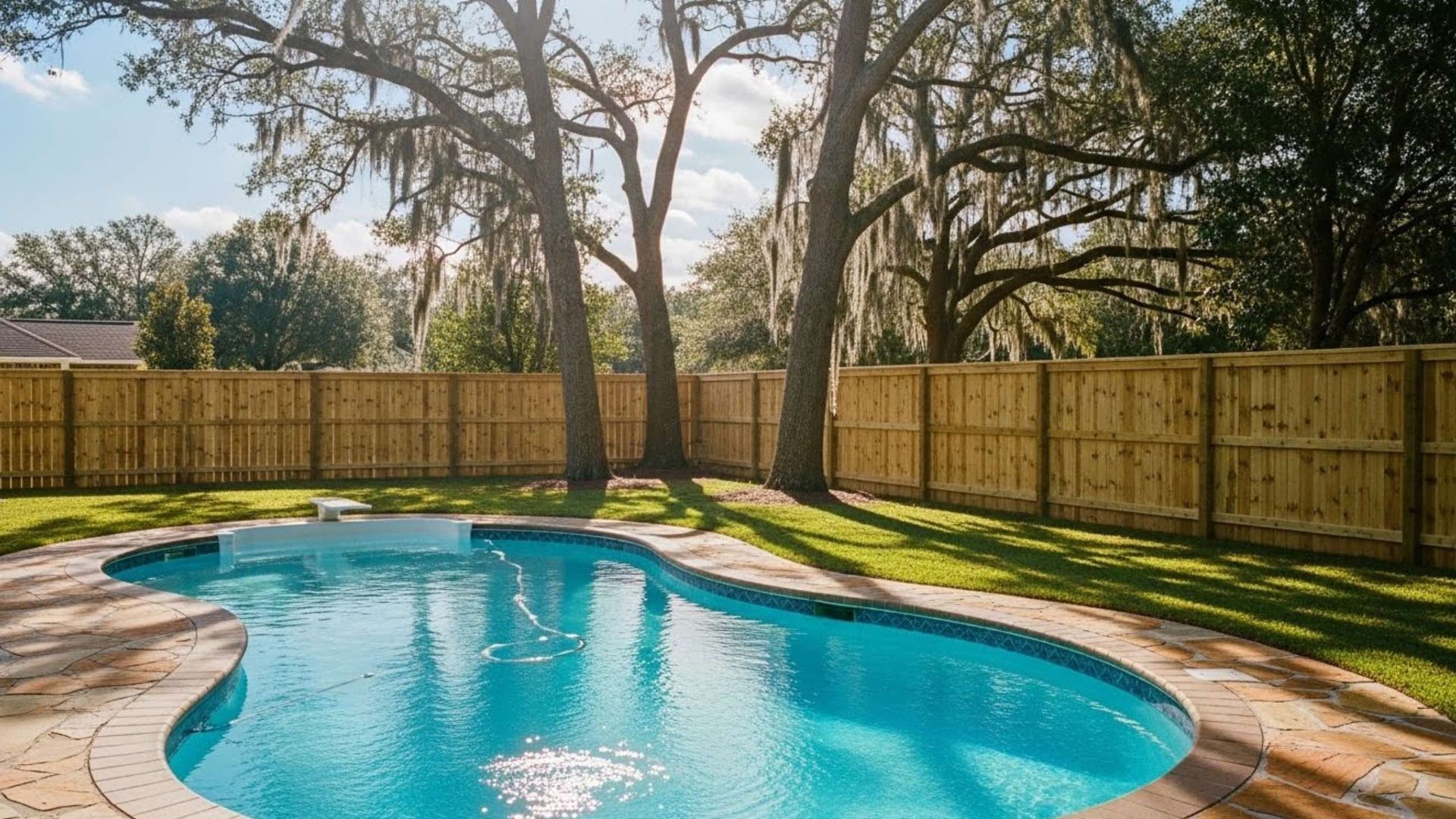 Backyard pool with wooden fence and trees, blue water, green grass, sunny day.