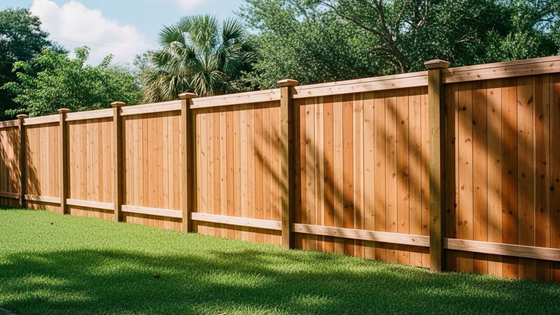 Wooden privacy fence in a grassy yard, with trees in the background under a blue sky.