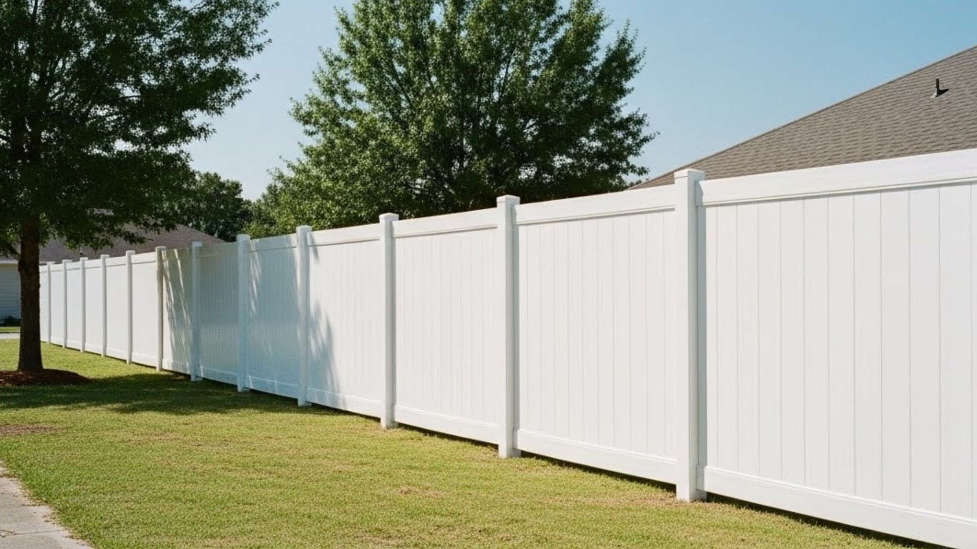 White vinyl privacy fence in a grassy yard, trees and a building in the background.
