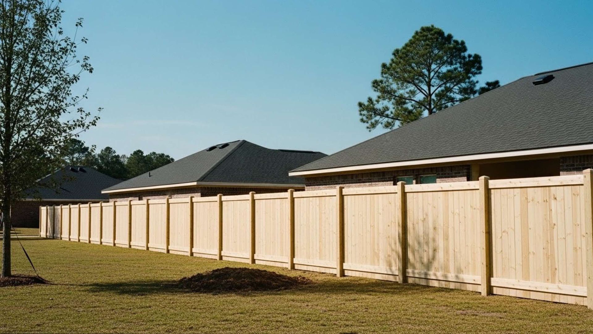 Wooden fence bordering several houses with dark grey roofs under a clear blue sky.
