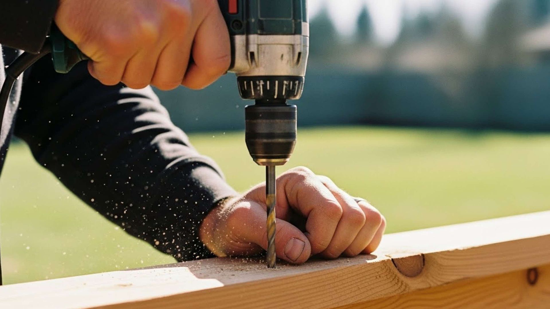 A person drilling a hole into a wooden plank outdoors.