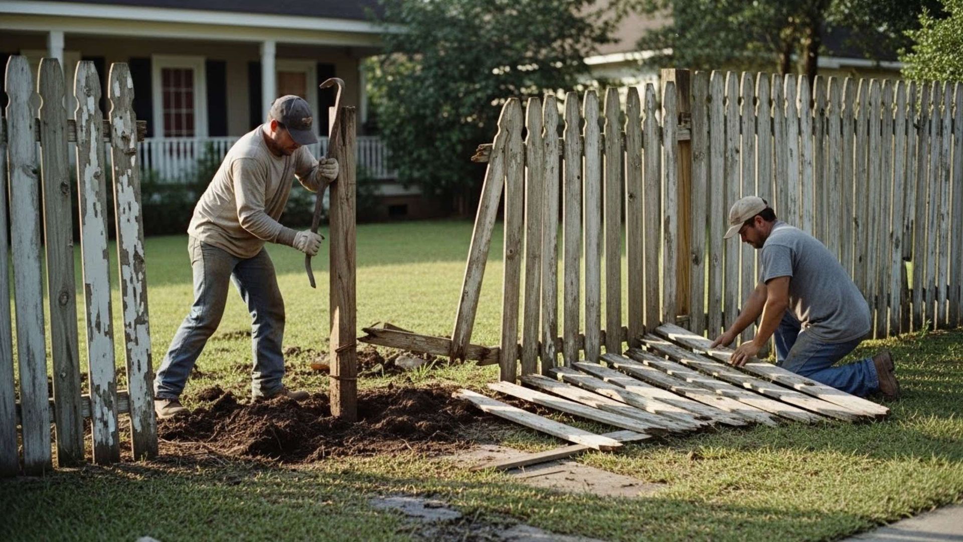 Two people repairing a weathered picket fence in a front yard; one uses a post driver.