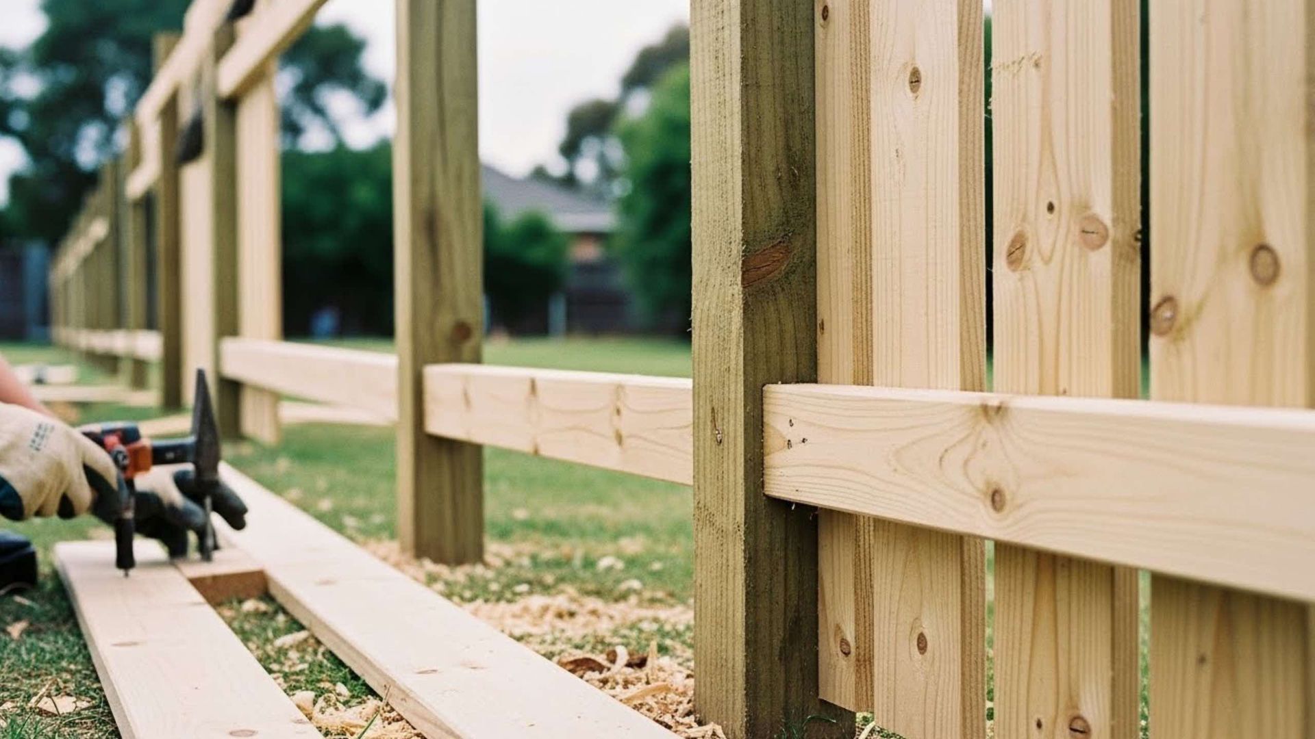 Building a wooden fence outdoors; person using a power tool to cut wood. Green lawn, wooden posts.