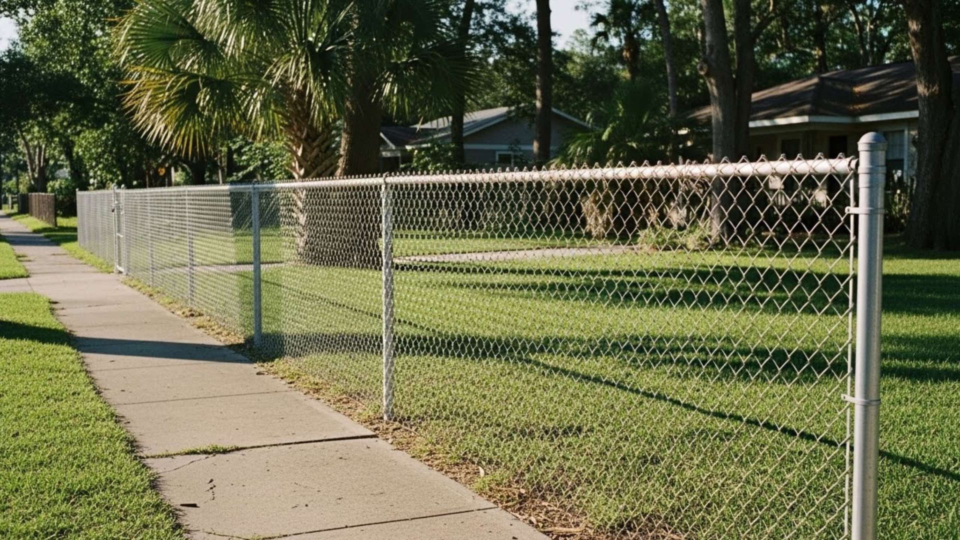 Chain-link fence along a sidewalk, separating a grassy yard from the street. Trees and houses in the background.