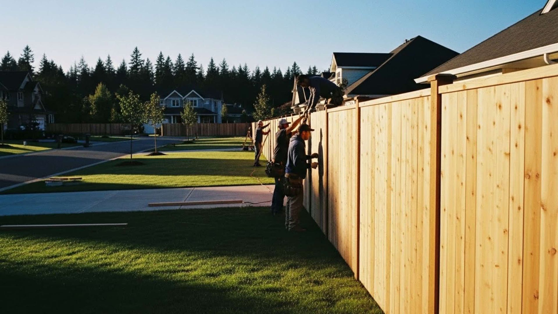 People installing a wooden fence in a suburban neighborhood, green grass, blue sky.
