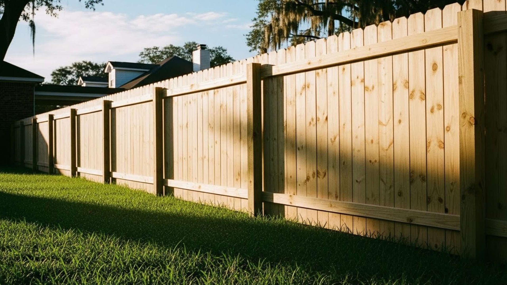 Wooden privacy fence in a grassy yard, under a blue sky, with shadows and a tree.