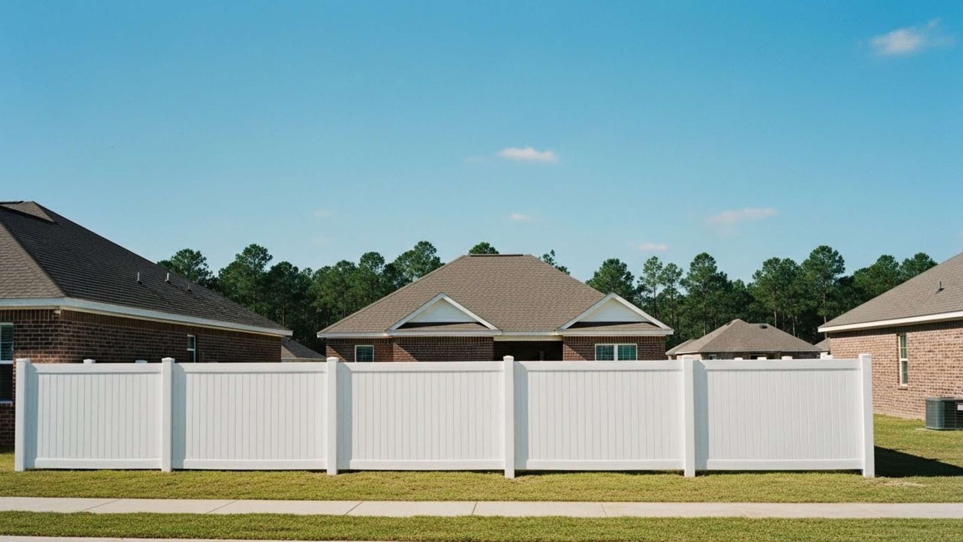 A row of residential houses behind a long white privacy fence under a clear blue sky.