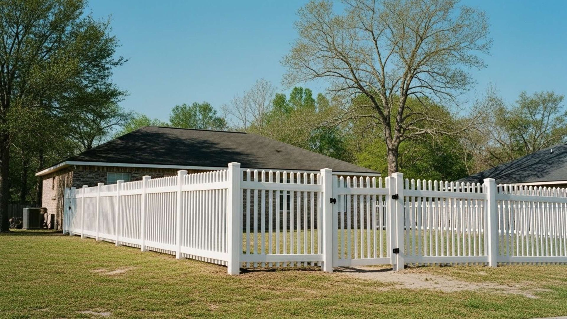A white vinyl picket fence with a gate encloses a grassy backyard in front of a brick house on a sunny day.