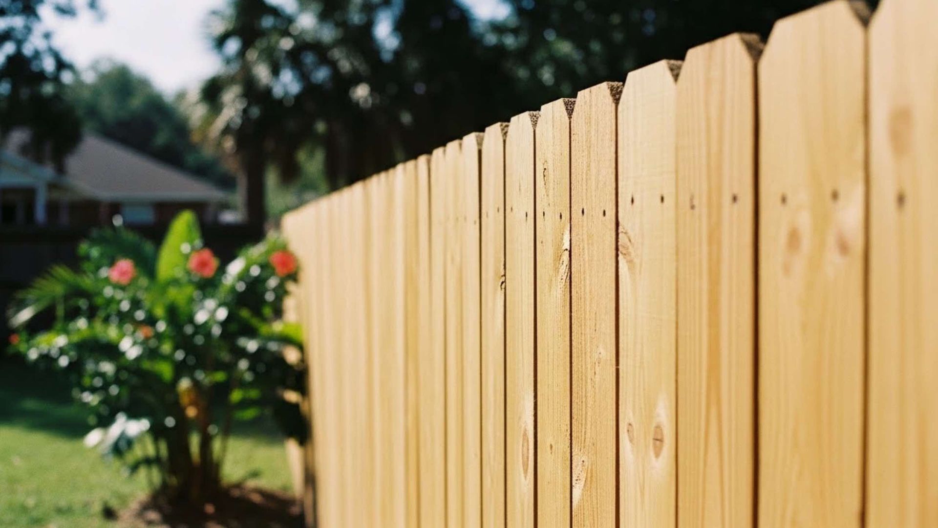 A close-up, angled view of a light-colored wooden picket fence, with a blurred green plant and house in the background.