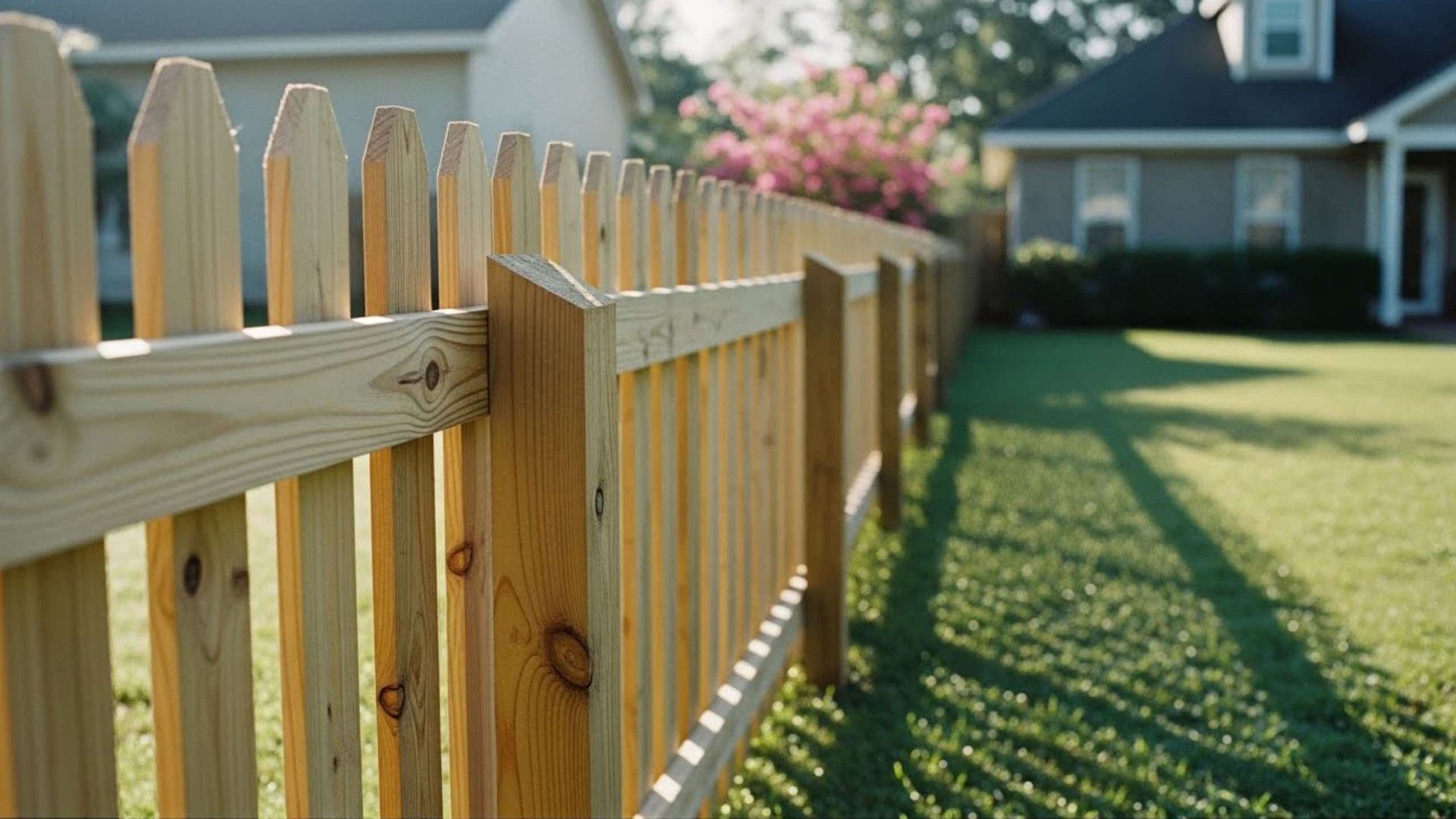 Wooden picket fence in front of a green lawn; houses in background.