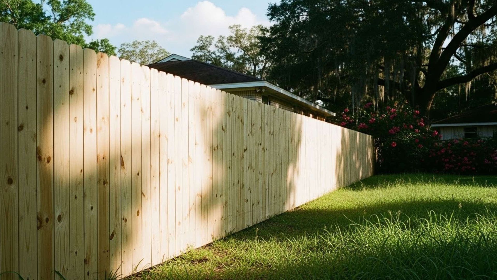Wooden fence in a yard, sunlight casting shadows on the planks.