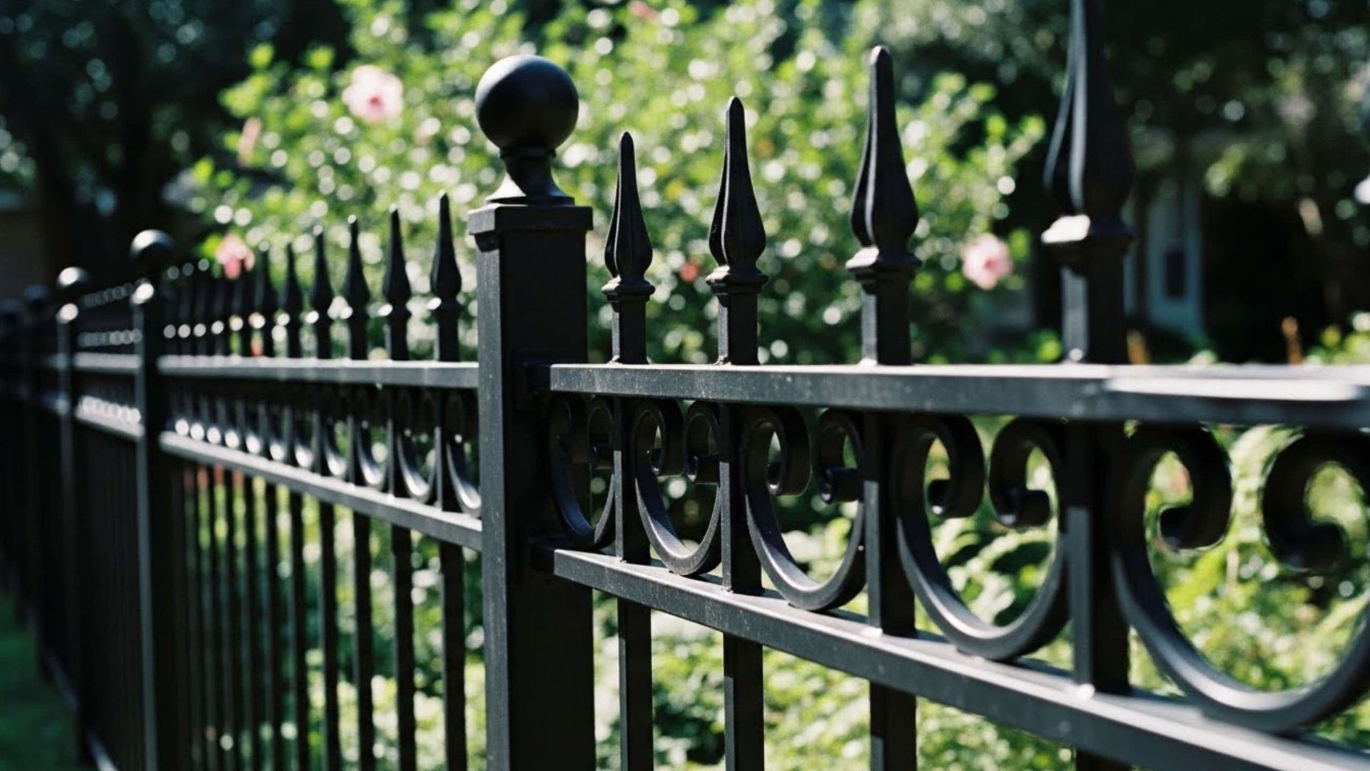 A close-up of a black metal fence with spear-tip finials and decorative scrollwork, set against a blurred green background.