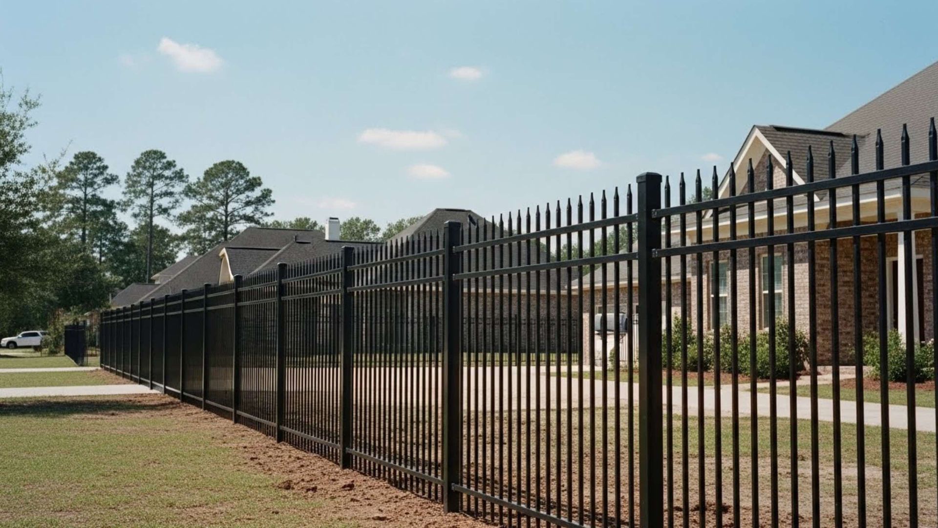 Black metal fence along a residential property under a blue sky.