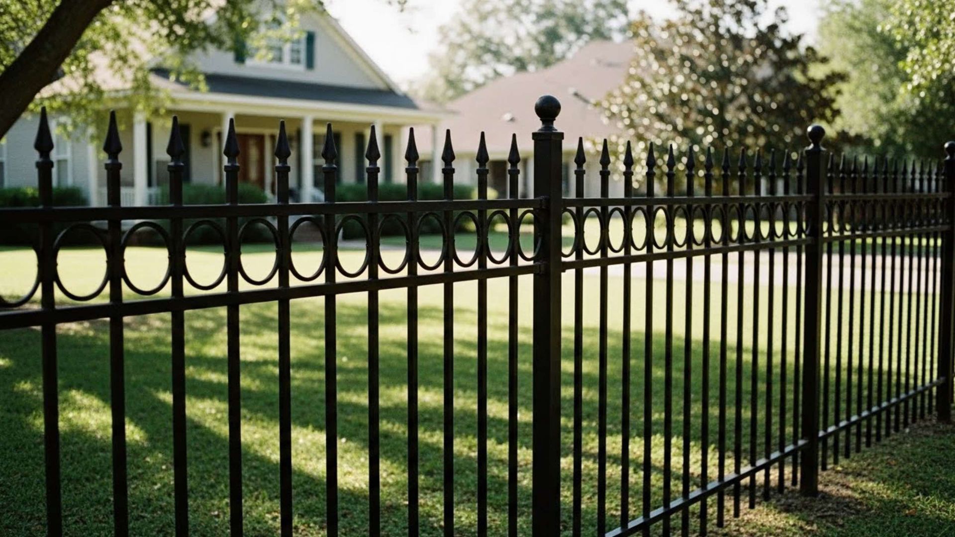 A black metal fence with decorative finials and ring accents in front of two houses on a sunny, grassy lawn.