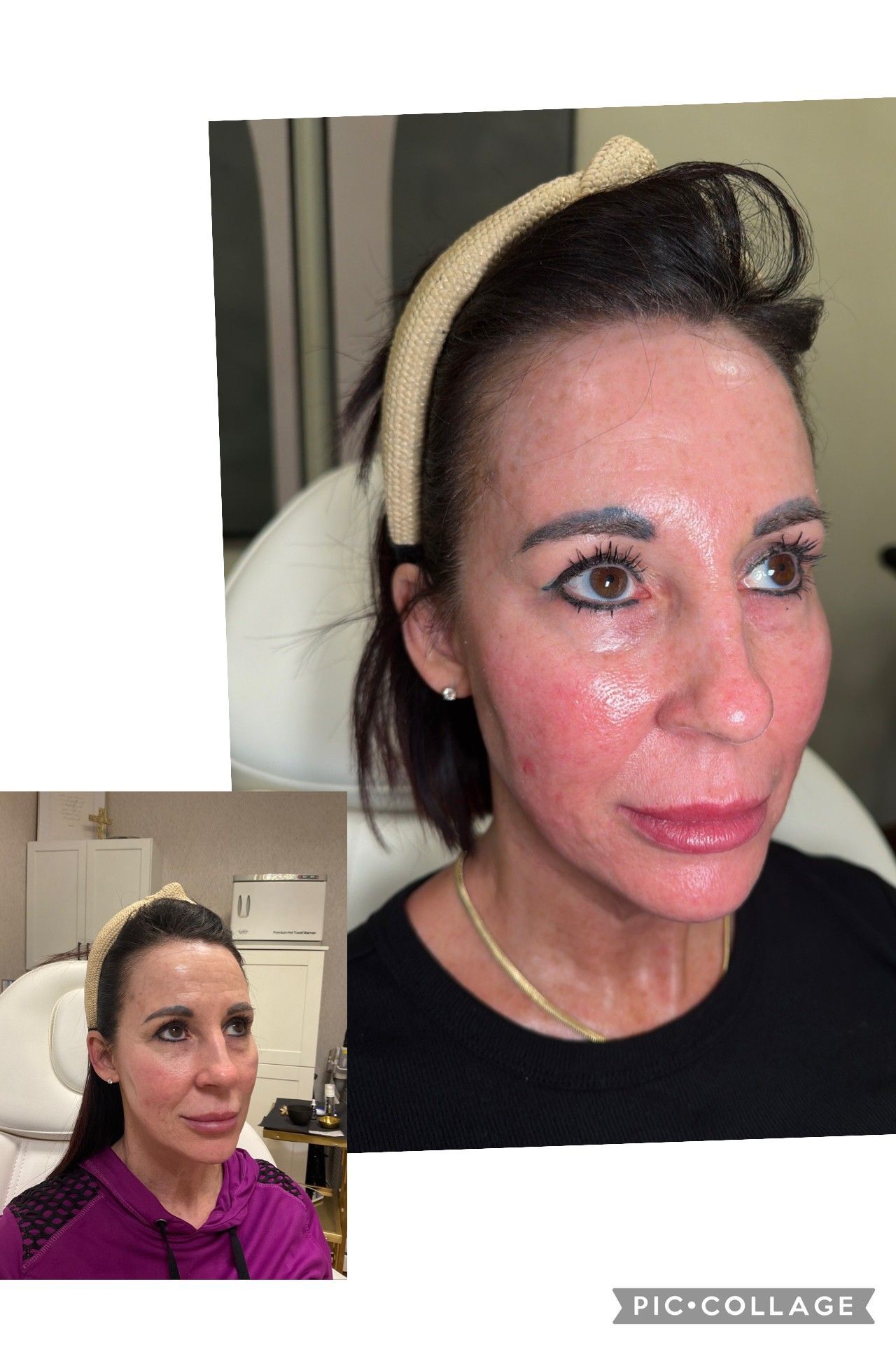 Collage of a woman in a headband and purple top, showing a close-up and a smaller indoor selfie.