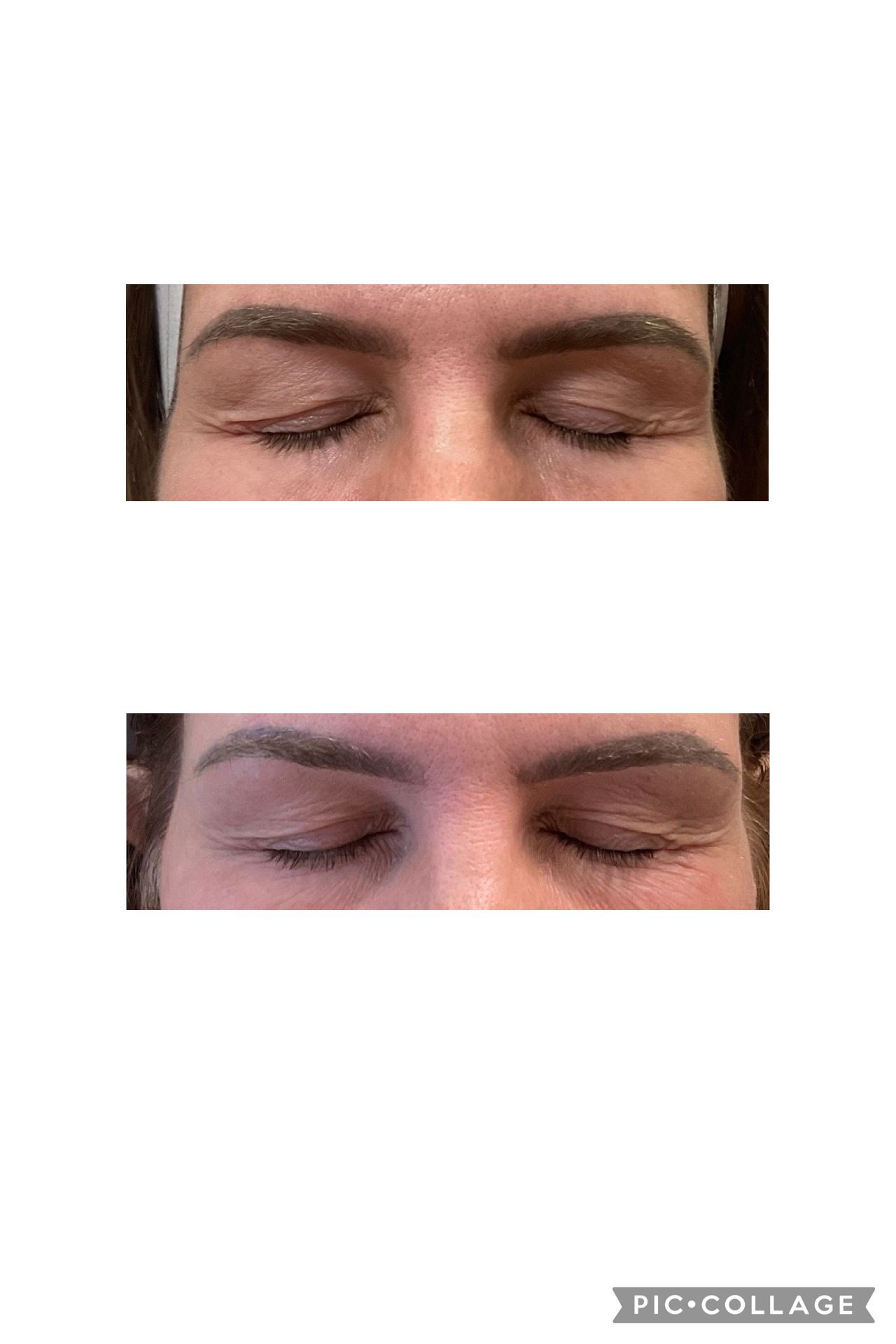 Two close-up views of closed eyes with dark eyebrows, shown one above the other.
