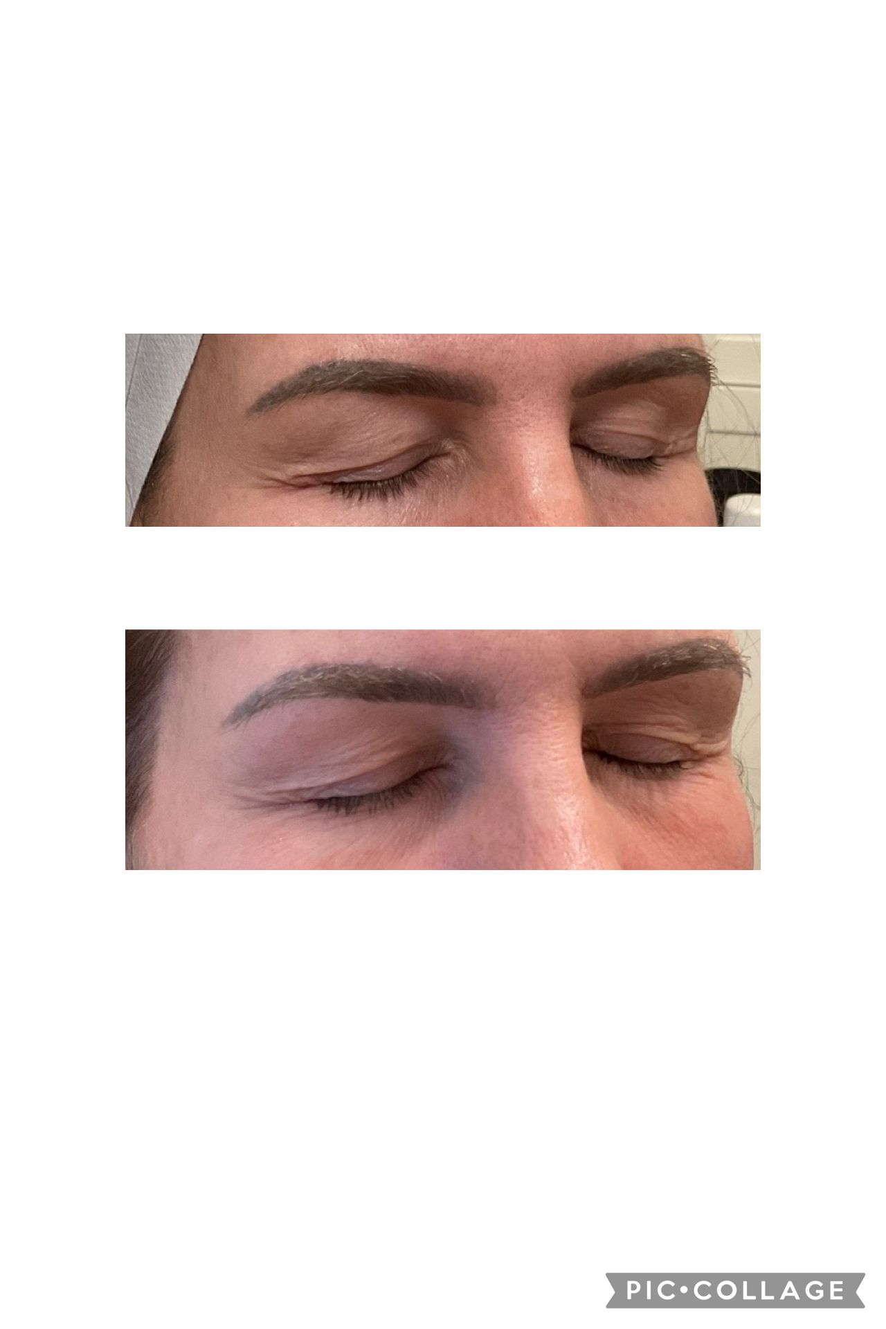 Two close-up eye photos stacked vertically, both with closed eyes and subtle makeup differences