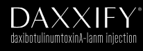 DAXXIFY logo with small text “daxibotulinumtoxinA-lanm injection” on a black background