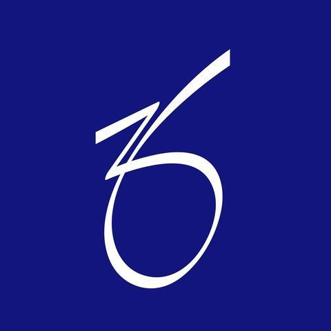 White stylized number 6 on a dark blue background