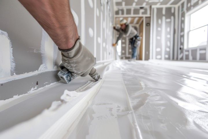 Gloved worker smoothing white drywall compound along a hallway wall during renovation