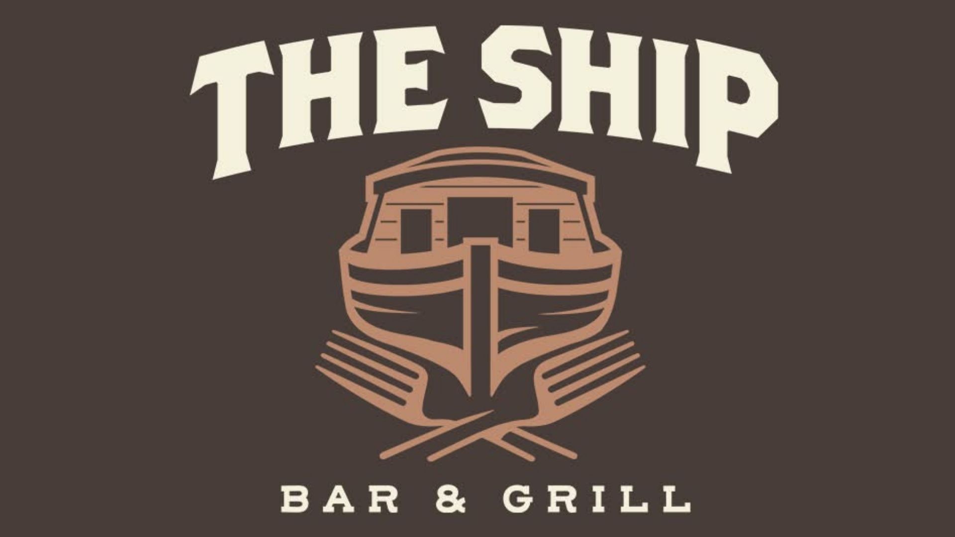Logo for "The Ship Bar & Grill": stylized ship graphic with text on a brown background.
