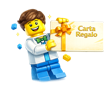 Un omino Lego tiene in mano una scatola regalo accanto a un altro omino Lego.