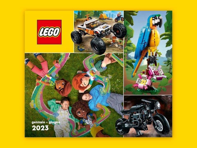 Un calendario Lego per l'anno 2023 con un pappagallo, un monster truck e una motocicletta.