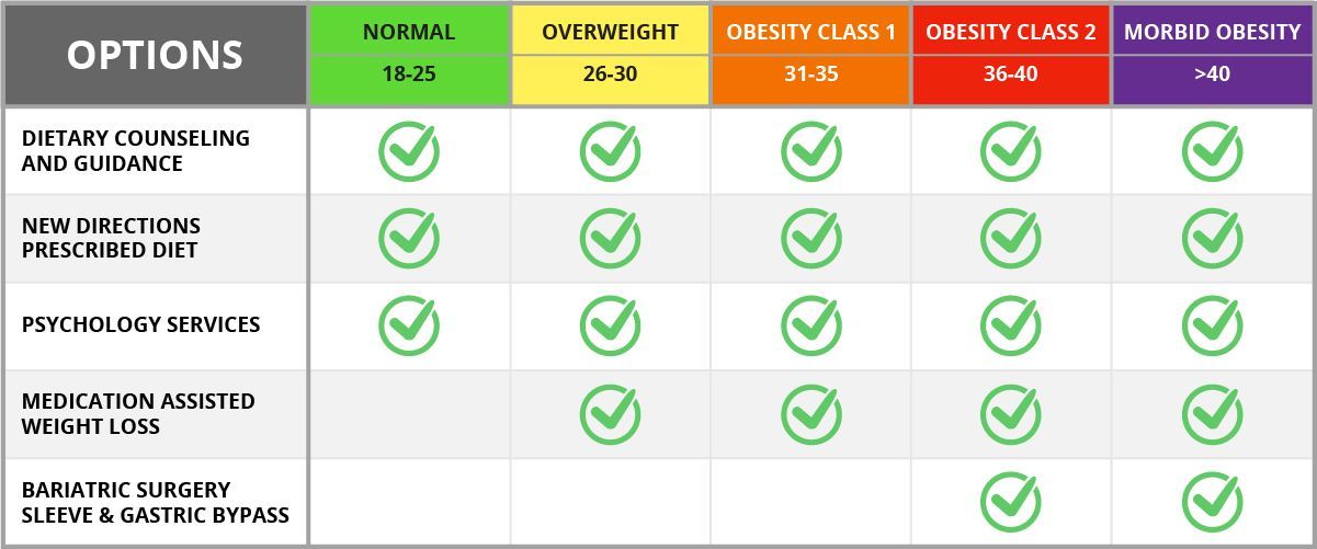 Table showing weight loss options based on BMI: normal, overweight, obesity class 1 & 2, and morbid obesity.