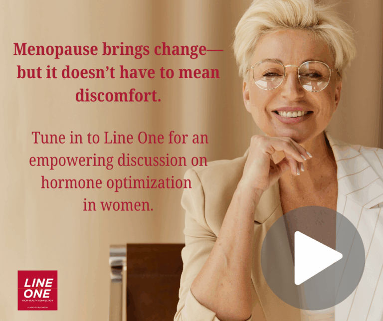 Woman smiling in an ad about menopause, promoting a discussion on hormone optimization.