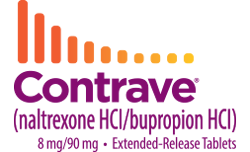 Logo for Contrave medication. Purple text with orange graphic representing descending weight loss.