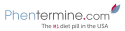 Phentermine.com logo, blue text, red dot, and a floral design.