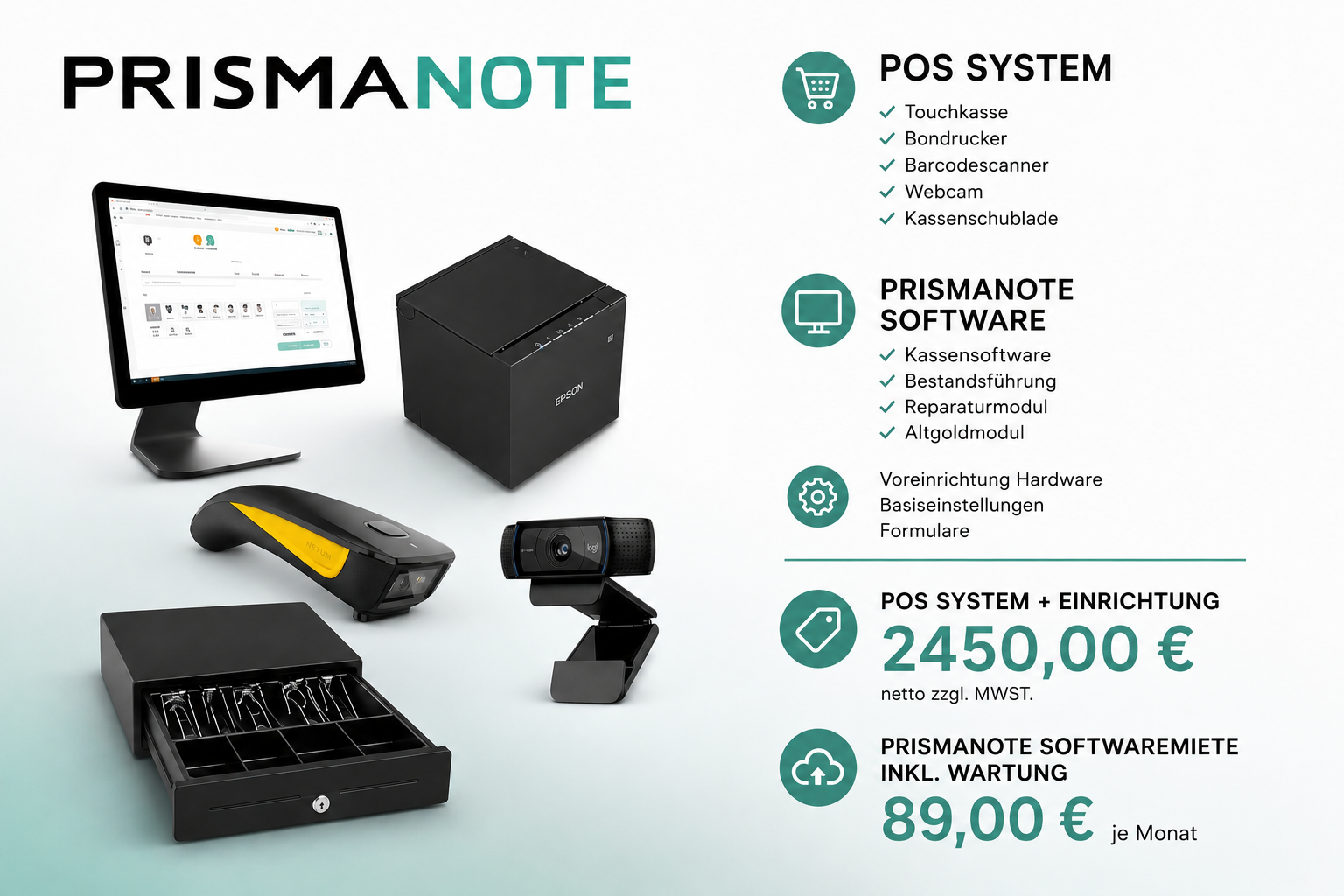 Aktionspaket für Juweliere mit PrismaNote Kassensystem, Touchscreen-Kasse, Bondrucker, Scanner, Webcam