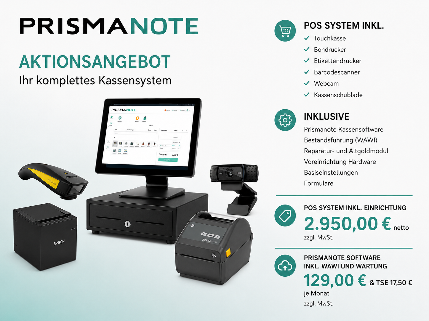 PrismaNote Komplettpaket für Juweliere: Touchkasse, Kassensoftware, Bondrucker, Scanner und Webcam