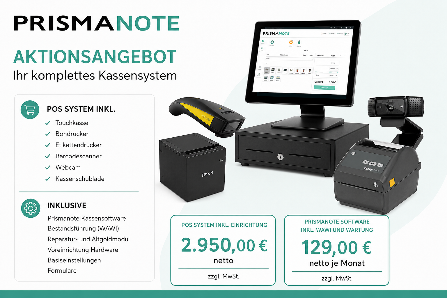 Touchkasse mit PrismaNote Juweliersoftware, Bondrucker, Scanner und Webcam als Aktionsangebot