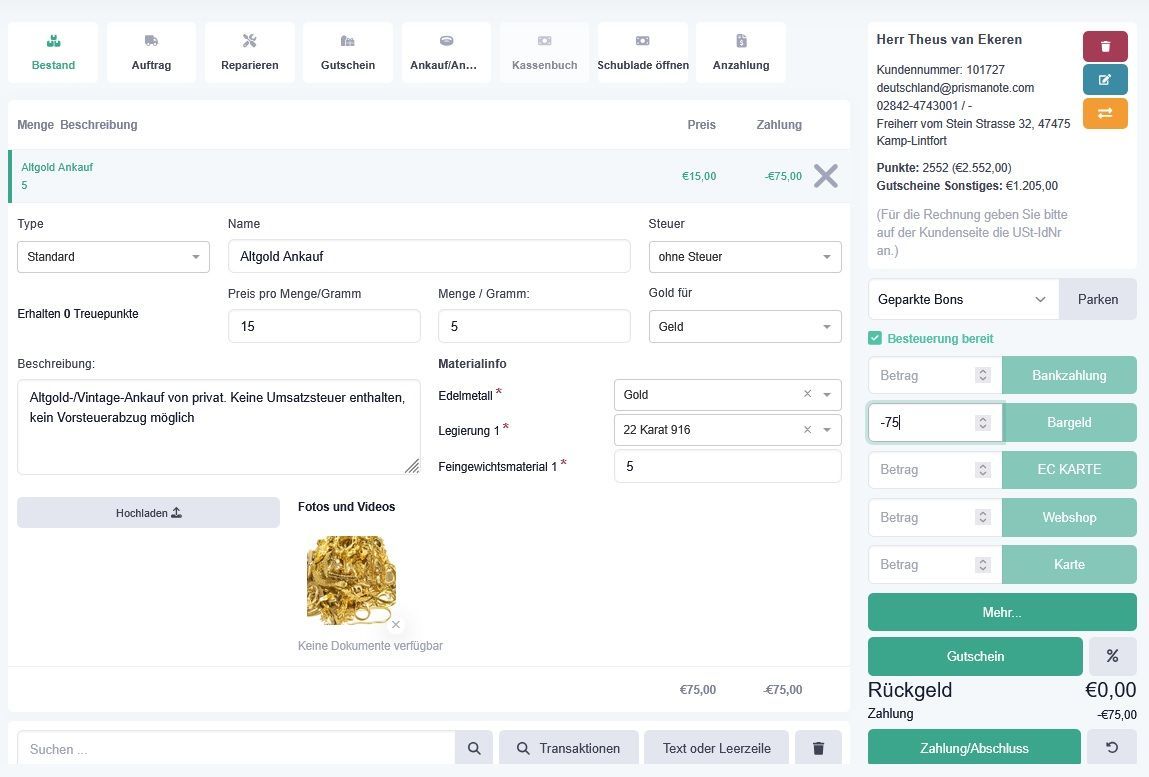 Altgold clever verwalten und dokumentieren – mit PrismaNote behalten Sie jederzeit den Überblick über An- und Verkauf.
