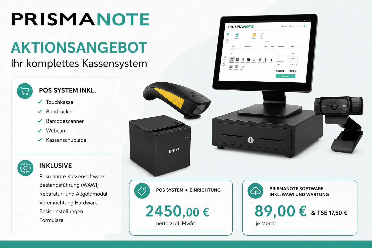 Aktionsangebot der PrismaNote Kassensoftware für Juweliere mit Touchkasse, Bondrucker, Scanner, Webcam.