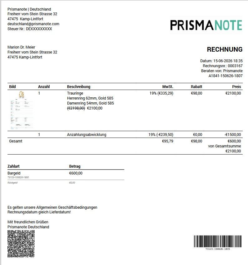 Rechnungsformular für einen Auftrag Trauringe