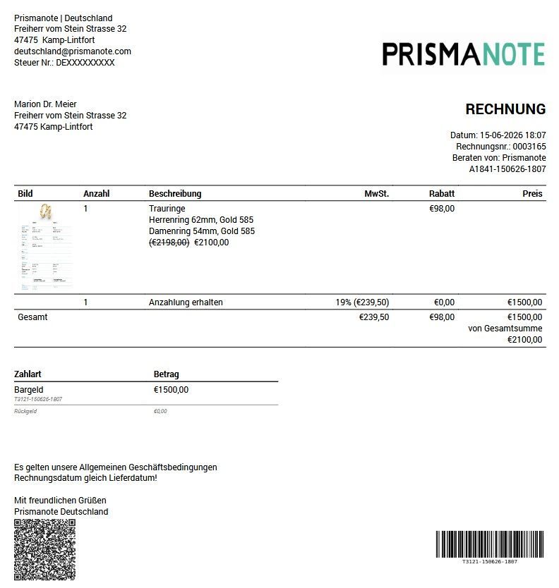 Rechnung für den Auftrag Trauringe mit Rabatt und Anzahlung