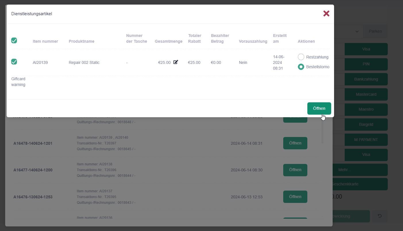 Restzahlung oder Storno in | Prismanote Juweliersoftware, Kasse, Shop, Warenwirtschaft