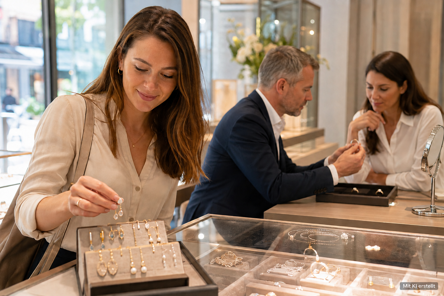 Ein wunderschön gestaltetes Juweliergeschäft, das eine elegante Präsentation von auffälligen, glitzernden Ringen und Armbändern zeigt, mit klaren Hinweisen für Impulskäufe. Die Atmosphäre ist einladend, mit sanfter Beleuchtung und einem luxuriösen Gefühl, das zeitlich begrenzte Aktionen und attraktive Bündelangebote hervorhebt. Im Hintergrund führt ein gut gekleideter Mitarbeiter Gespräche mit einem Kunden und stellt durchdachte Fragen zu deren Vorlieben, während ein anderer Kunde nachdenklich personalisierte Schmuckoptionen durchstöbert. Die gesamte Szene vermittelt eine Mischung aus impulsiver Anziehungskraft und überlegten Käufen in einem hochwertigen Juwelierumfeld.
