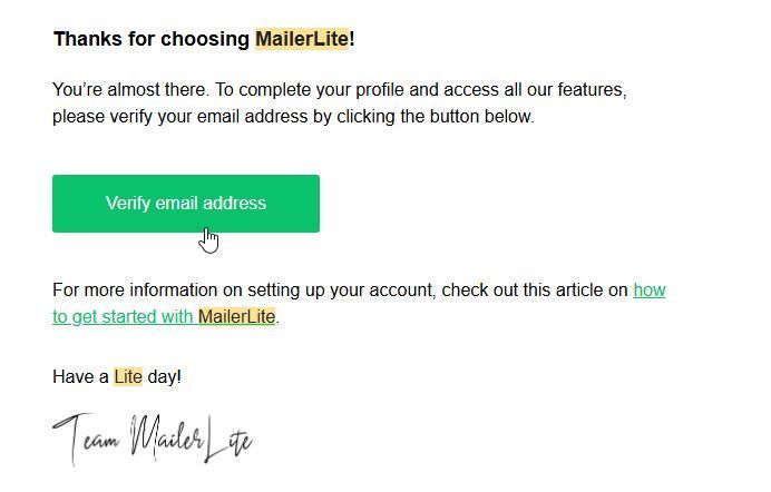 MailerLite-E-Mail-Verifizierungsbildschirm mit grünem Button „E-Mail-Adresse bestätigen“ und Support-Link