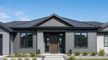 Modern single-story home exterior with gray horizontal siding, a dark metal roof, and a central wood-paneled front door.