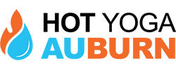 Logo for Hot Yoga Auburn featuring a split flame and water droplet icon next to the black and colorful text.