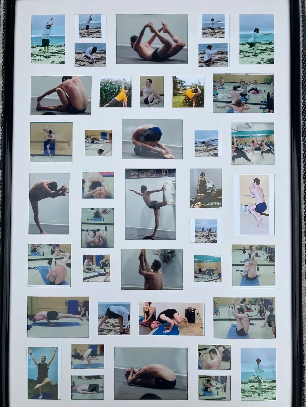 A framed collage of many small photos showing a person practicing various yoga poses in indoor and outdoor settings.