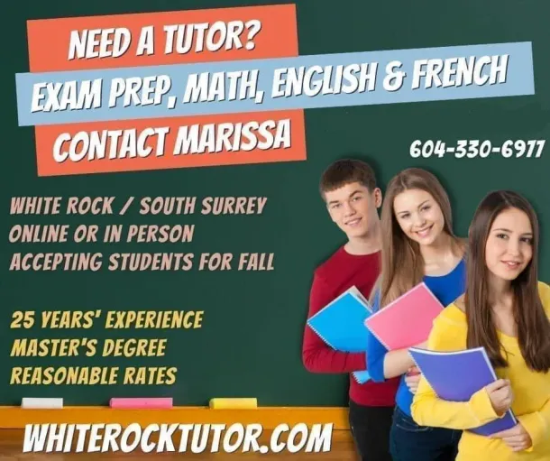 Ad for one-on-one private tutoring service in White Rock & South Surrey, BC area
