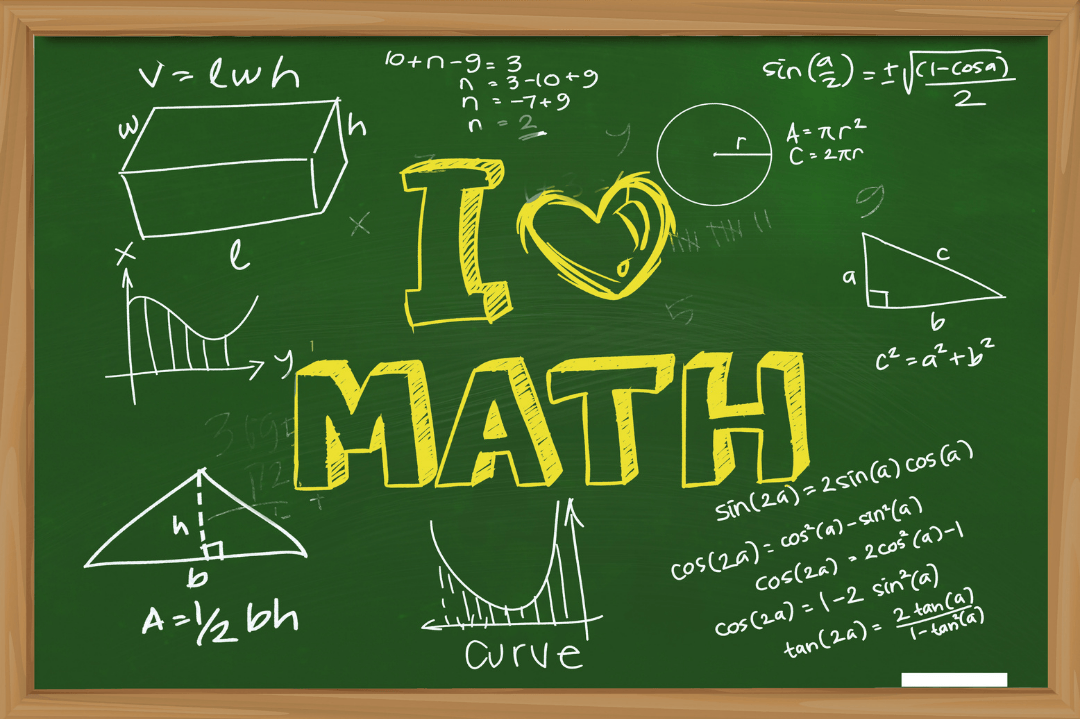 math problems on a chalkboard with I Love Math drawn in chalk