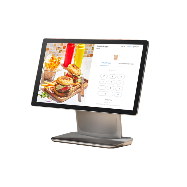 Front Station restaurant POS software on Sunmi D3 pro with login page showing burger restaurant food photography