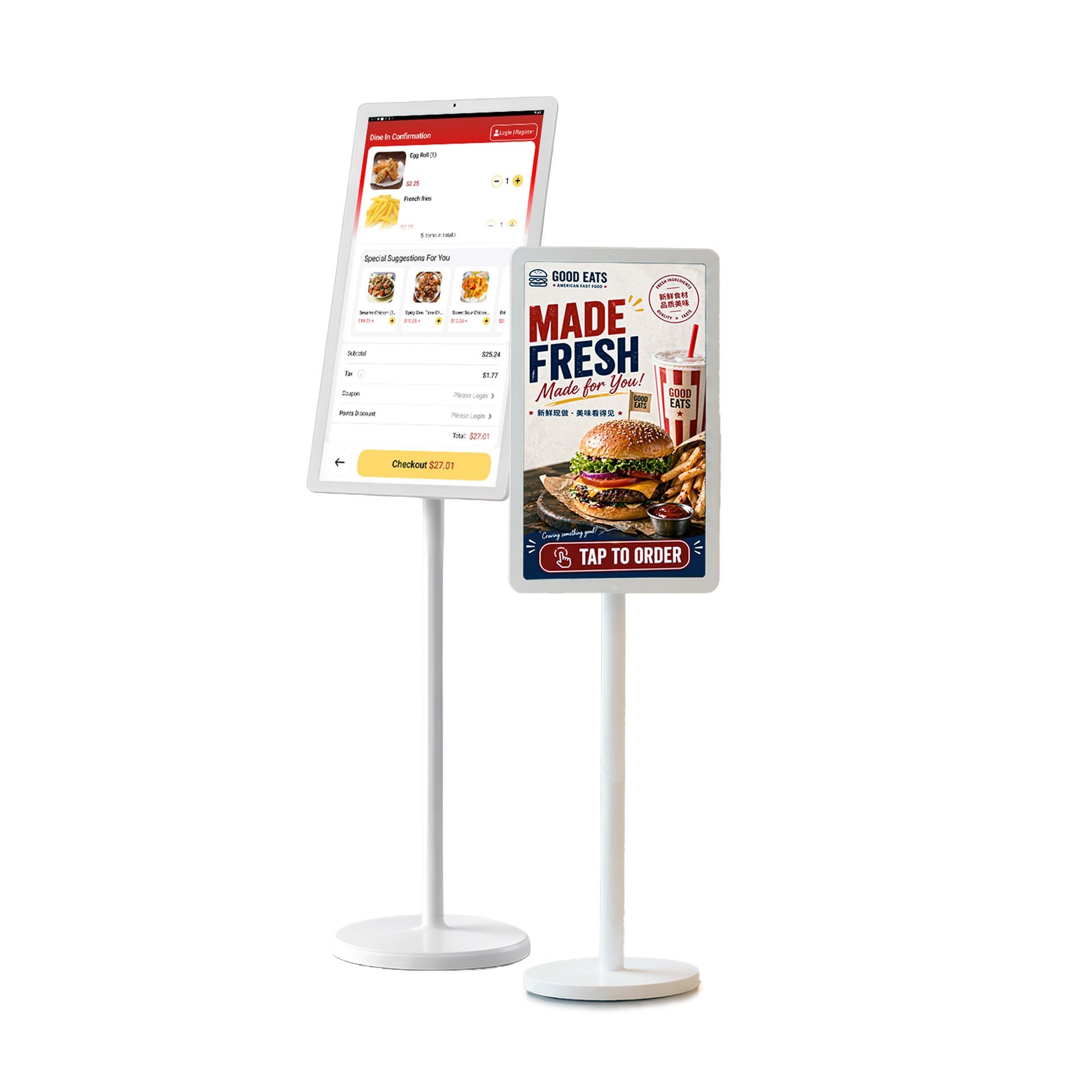 Front Kiosk restaurant self-ordering software on 2 Sunmi k2 kiosks with kiosk ordering and menu interfaces